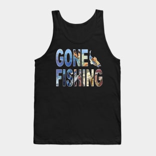 "Gone Fishing" Man Catches Fish Typographic Font Sailfish Art Tank Top